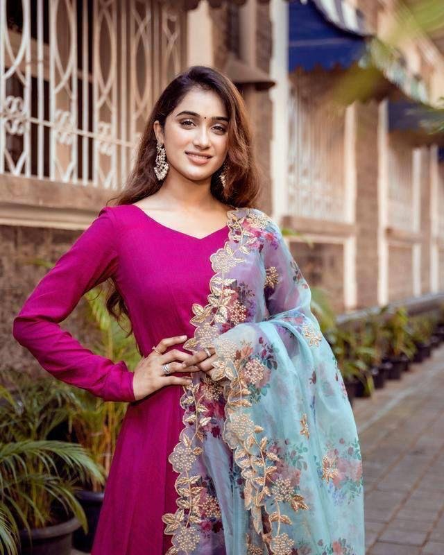 Heavy rayon umbrella gown with organza dupatta